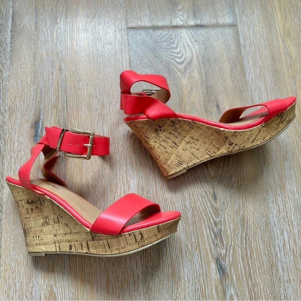 Call It Spring Hot Flamingo Pink Cork Wedge Sandals - Size 6.5